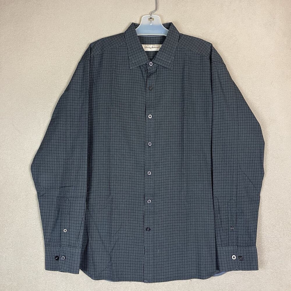Tommy Bahama Shirt Mens L Dark Gray Striped Long Sleeve Silk Bland Regular Fit